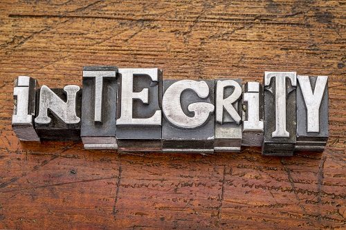 integrity word in vintage metal type printing blocks over grunge
